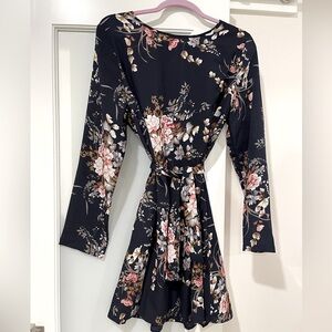 SHEIN Floral long Sleeve Mini Dress Size 12 Dark Navy with colorful pink flowers